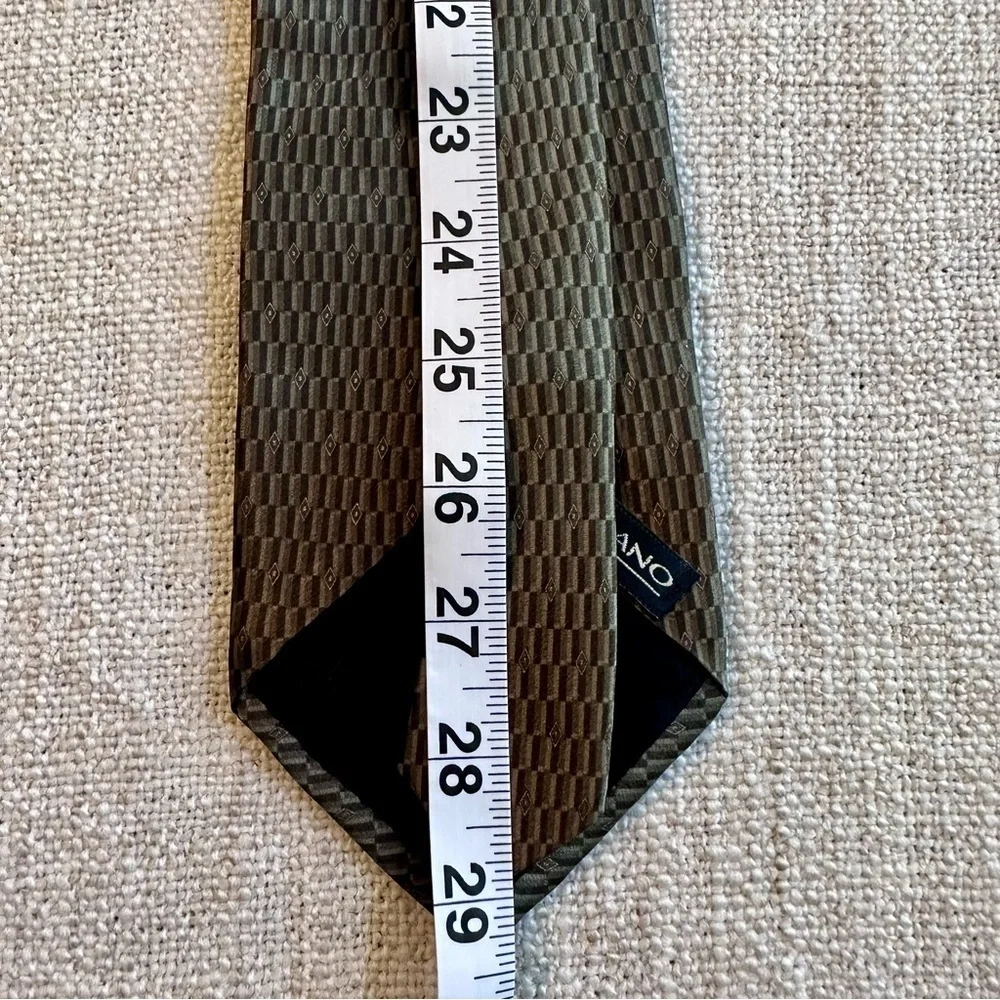 MURANO 100% Silk Tie Brown Tan Beige Small Rectangle Diamond Print